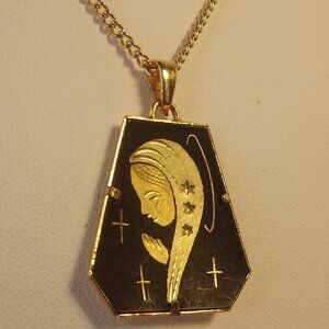 Vintage Spain Steel & 24K Gold Damascene Blessed Mother Mary Pendant Necklace